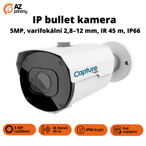IP bullet kamera 5MP, varifokální (optický zoom) 2,8–12 mm, IR 45 m, PoE, IP66